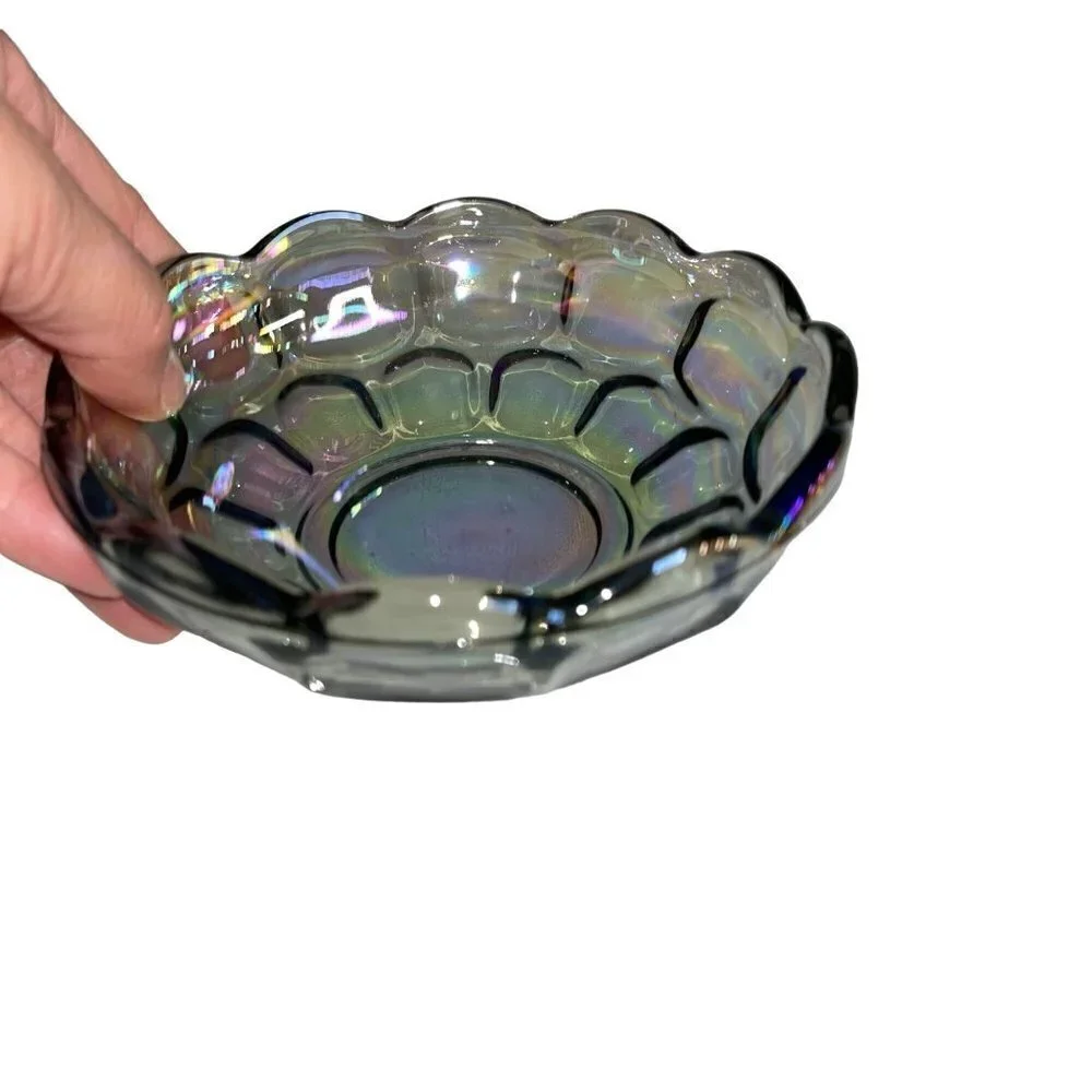 Vintage Carnival Glass Thumb Print Bowl Iridescent Gray Round Decorative